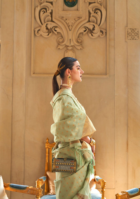 Pista Green Kyaari Silk Tissue Zari Khicha Zari Handloom Saree