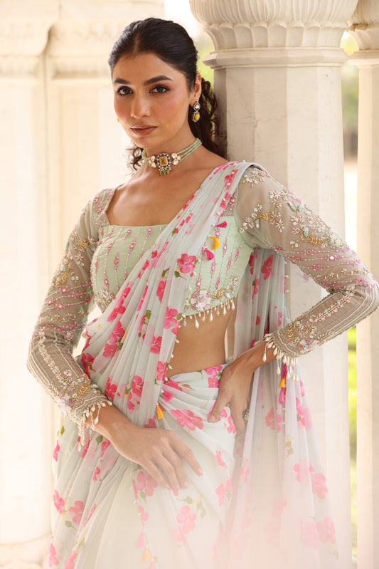 Daisy pre drape Green saree with floral print