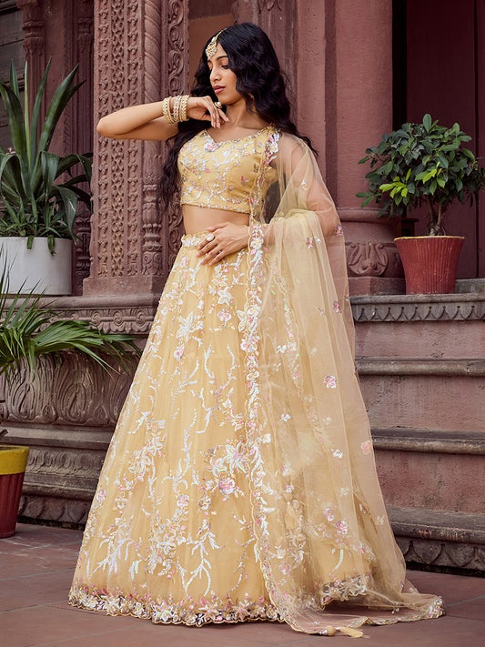 Yellow Net Sequins Embroidery Lehenga Choli for Haldi