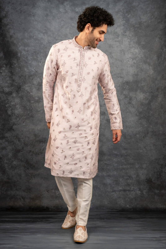 Cream silk kurta set with resham embroidery and sequins work