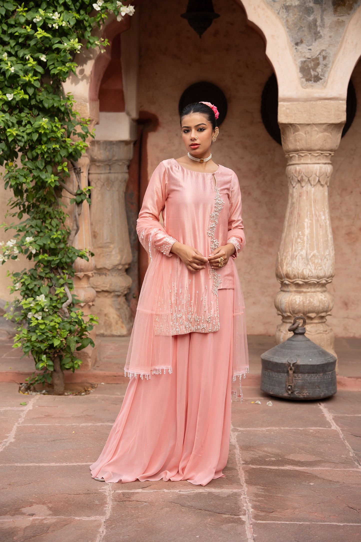 Blush Pink Hand-Embroidered Sharara Set