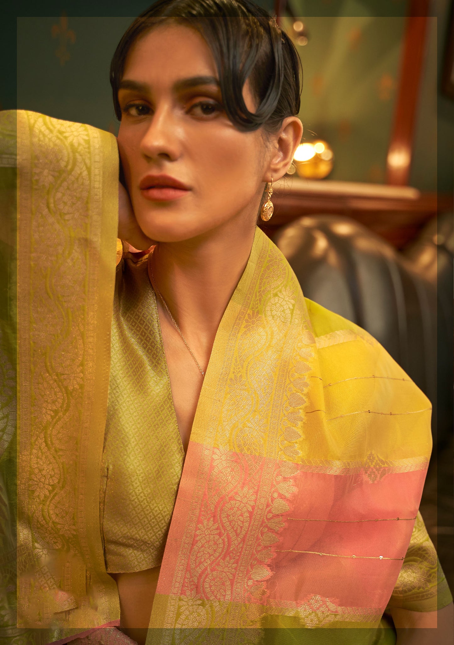 Lime Multi color Kenzo Organza Saree