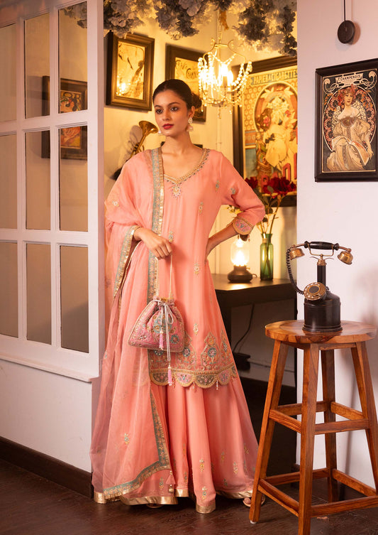Pietra Dura Pink Georgette Machine Embroidered Party Sharara