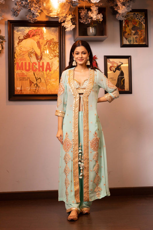 Glitterati Turquoise Georgette Gotta Dori jacket set