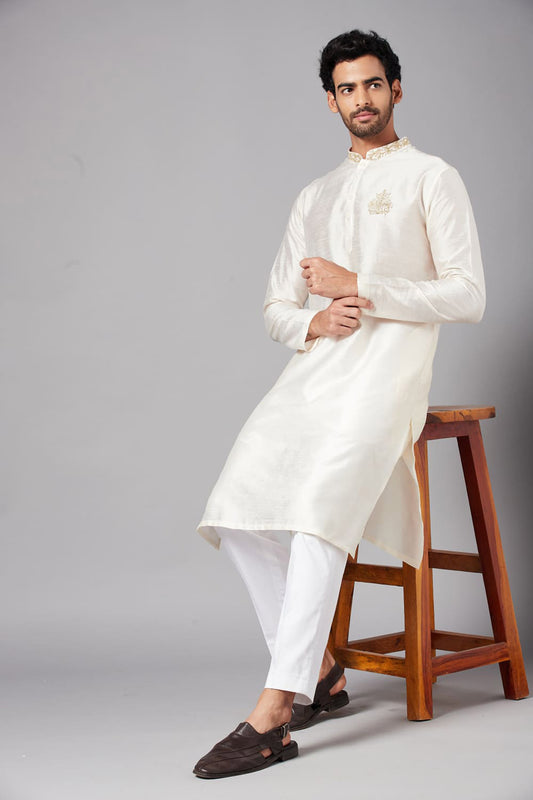 White Semi Raw Silk Embroidered Festive ( only Kurta )