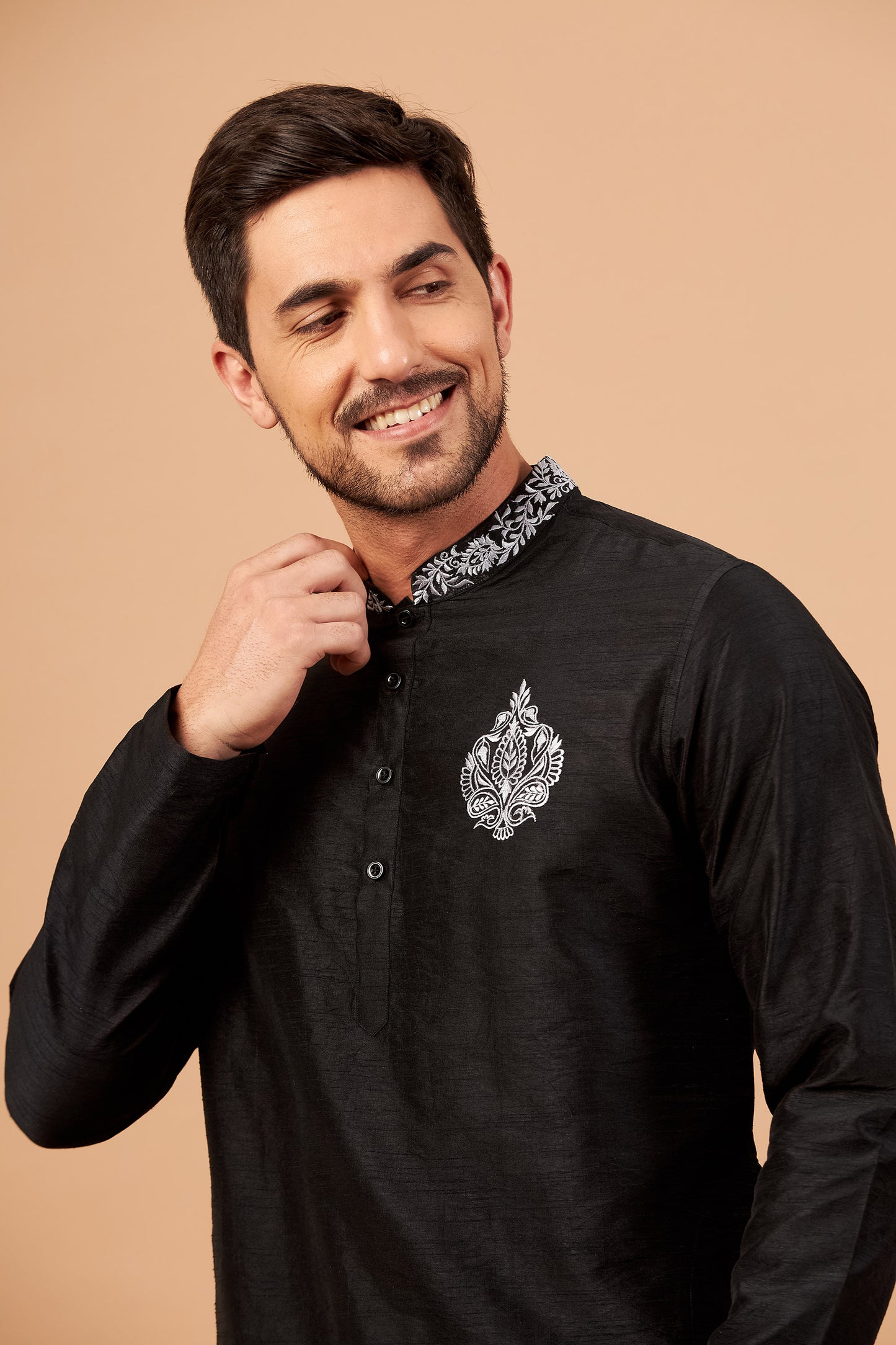 Black Machine Embroidery Semi Raw Silk ( only Kurta )