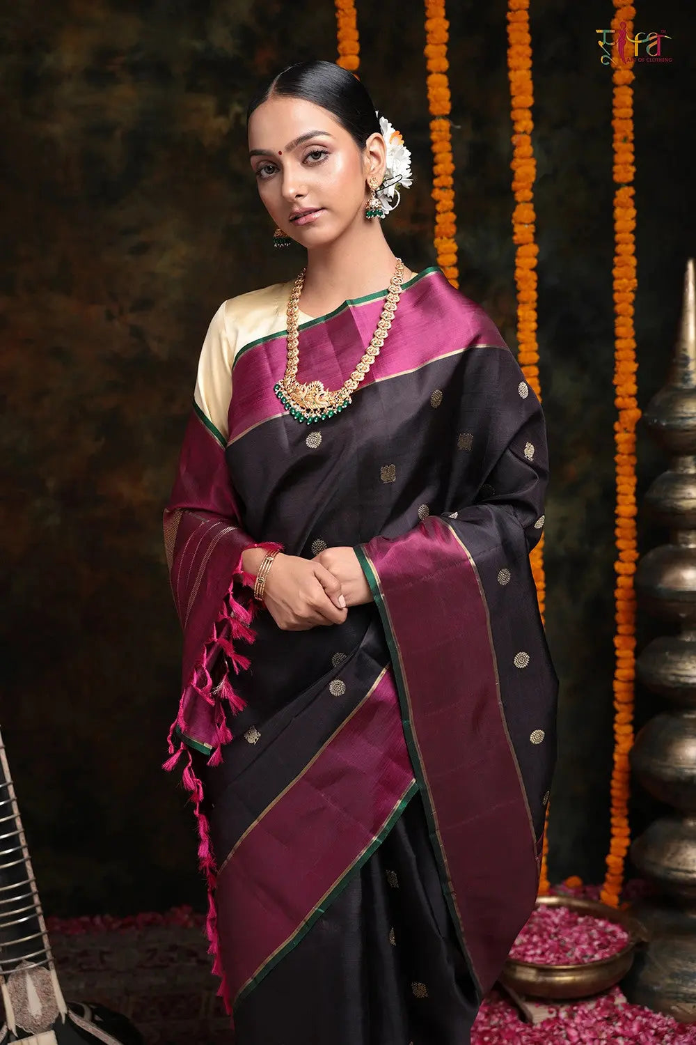 Handloom Black Kanchipattu Saree With Rudraksh Booti