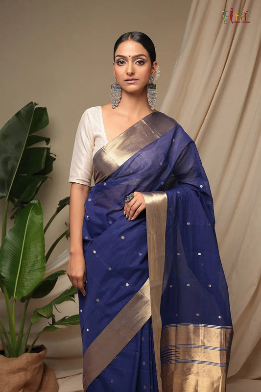 Handloom Berry Blue Pure Cotton Kanchi Contemporary Saree With Golden Zari Motifs & Border