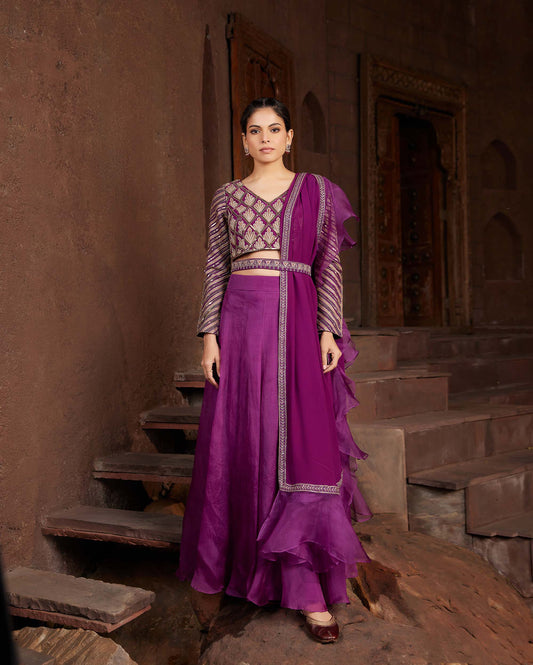 Art Deco Purple Organza Hand Embroidered Festive Lehenga