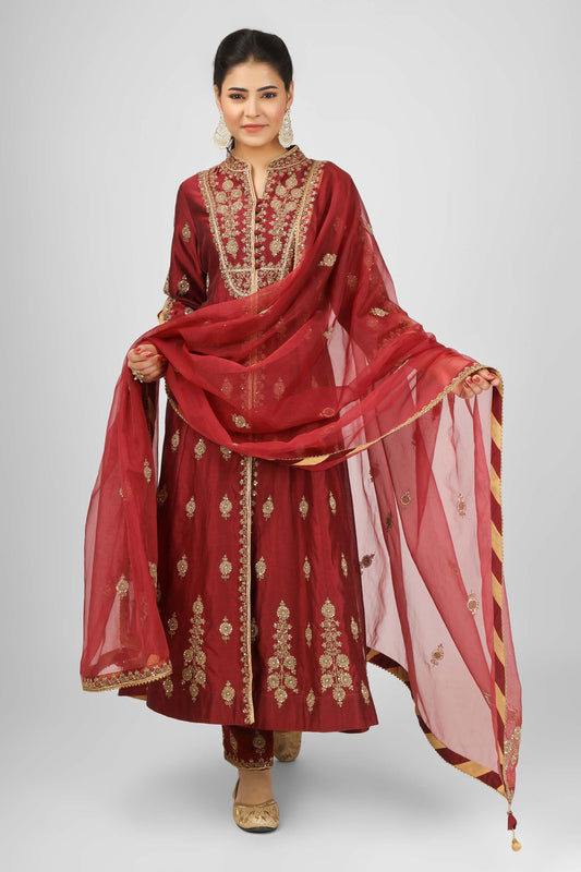 Mughal Maroon Chanderi Machine Embroidered Formal Anarkali