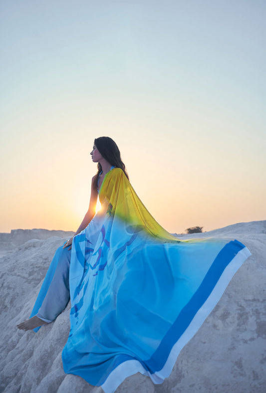 Blue and yellow Kasa Digital Print Saree