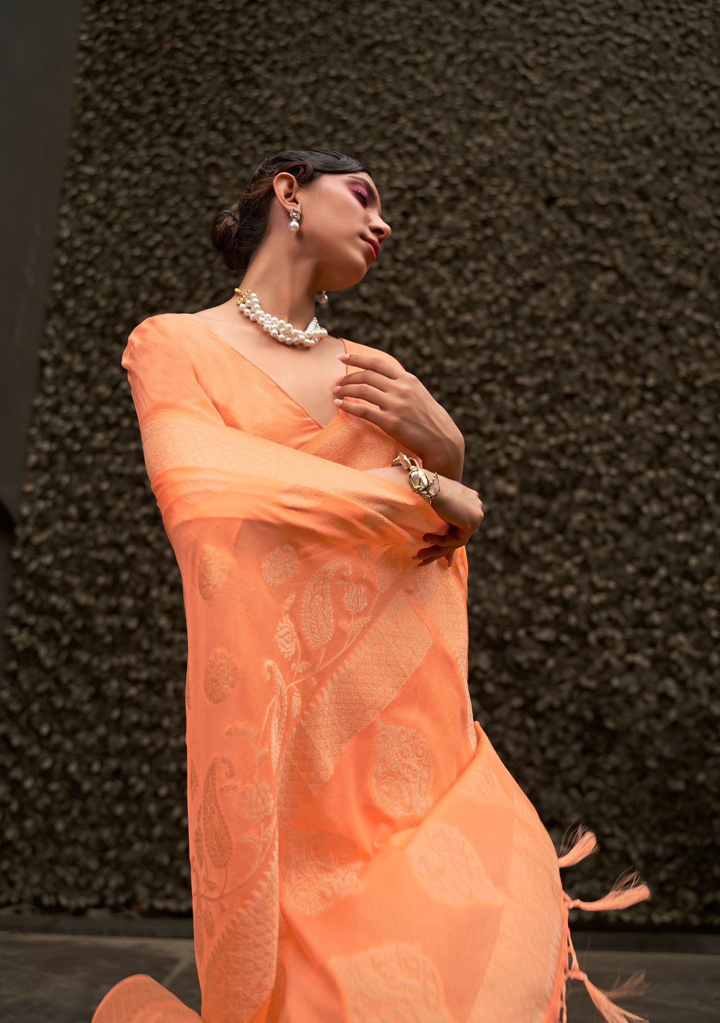 Orange Kosmos Silk Nylon Chinnon Two tone saree