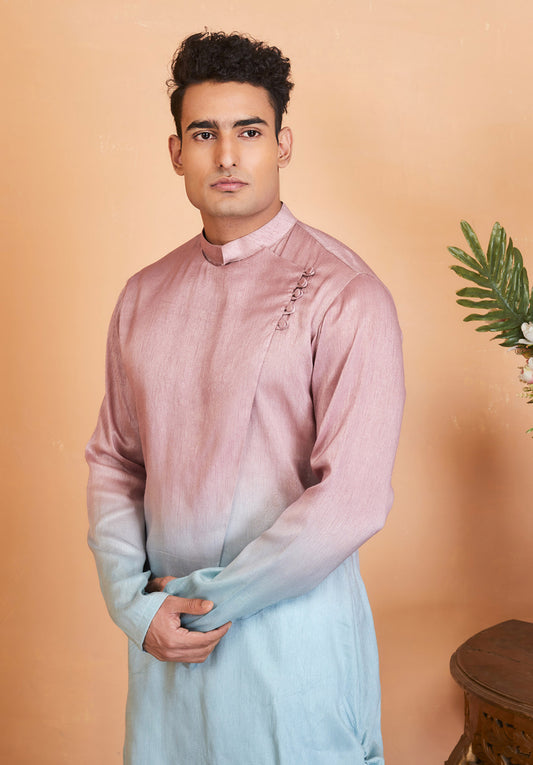 Peach & Sea Blue Raw Silk Festive ( only Kurta )