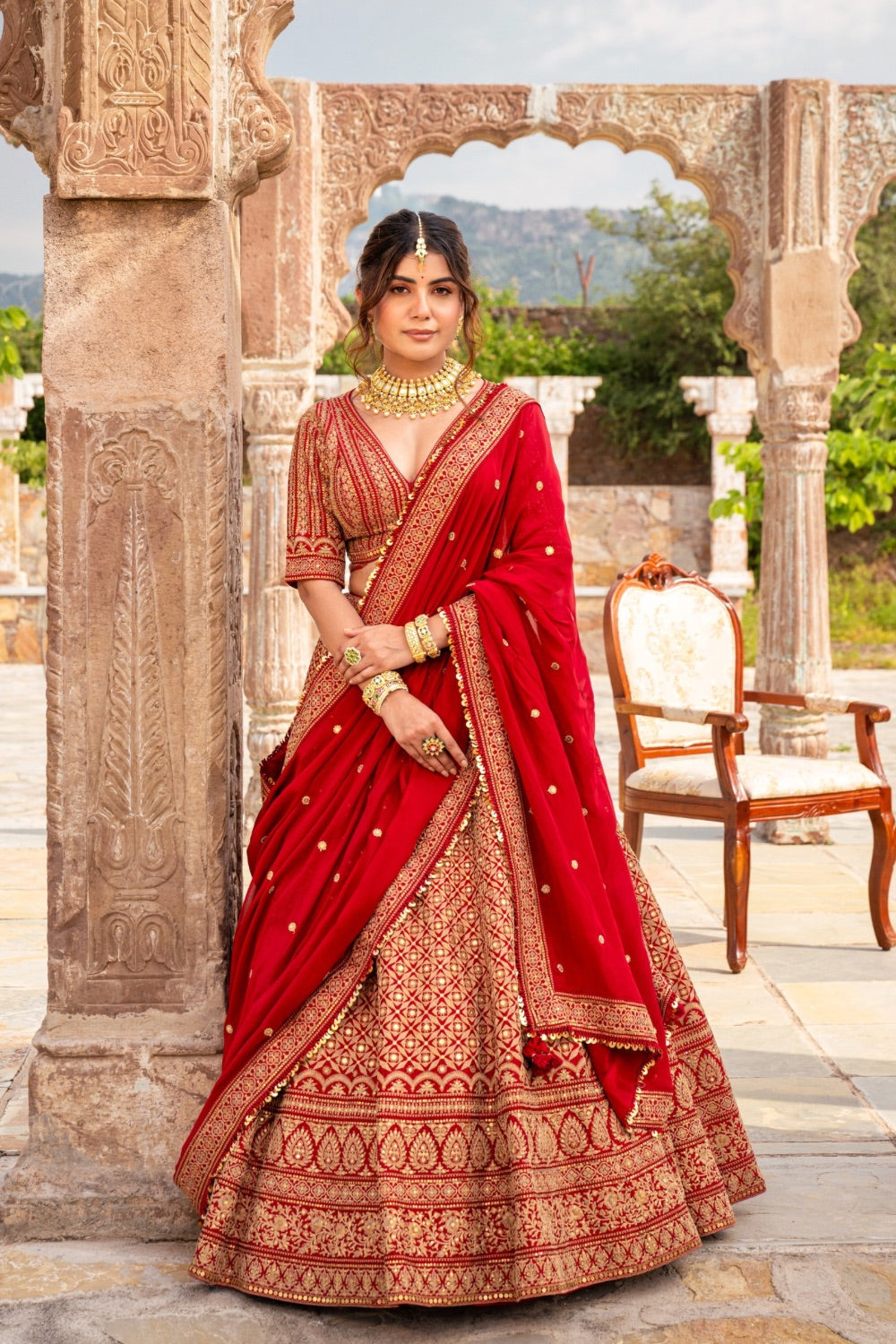 Cherry red raw silk bridal lehenga choli with marodi work – Mohi