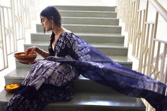 Indigofera Elegance - Blue Handblock Print Natural Dyed - Linen Cotton Saree