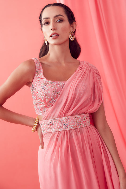 Soft Pink Pre Draped Pant Saree - Aarambh