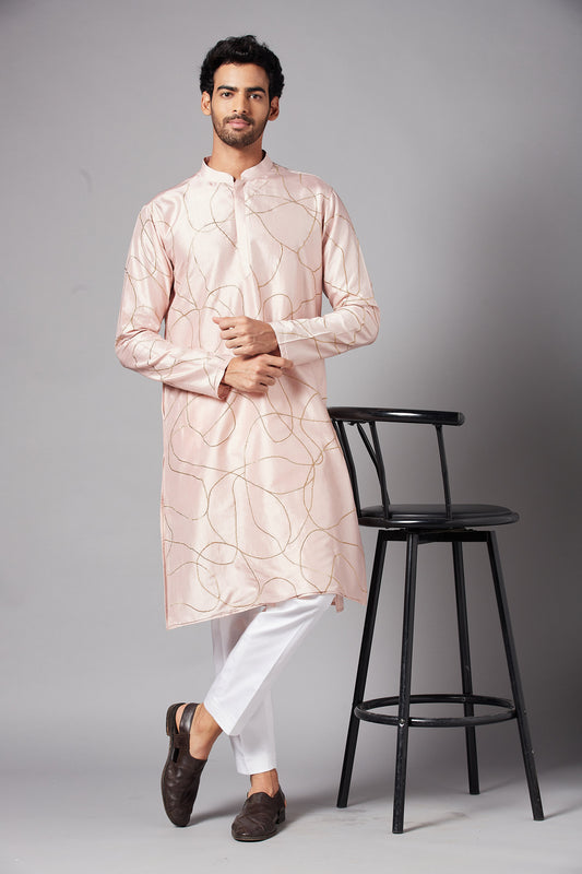 Peach Dupion Silk Machine Embroidery Casual ( only Kurta )