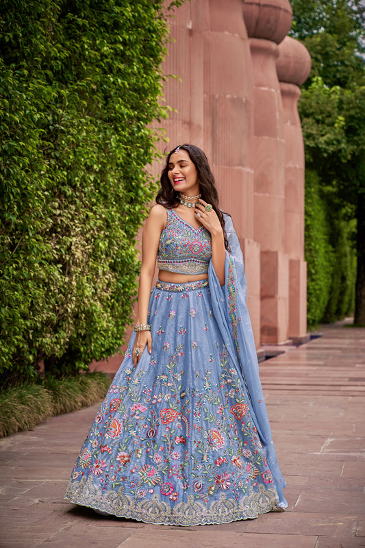 Turquoise Blue Organza Sequins & Mirror work Bridesmaid Lehenga set