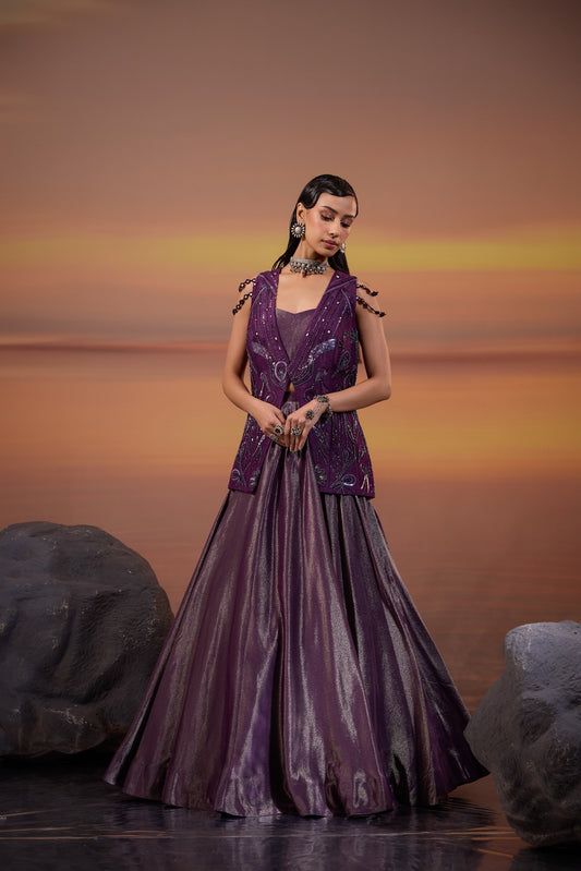 Dark Purple Sequins Embellished Jacket with Tissue Lehenga Set