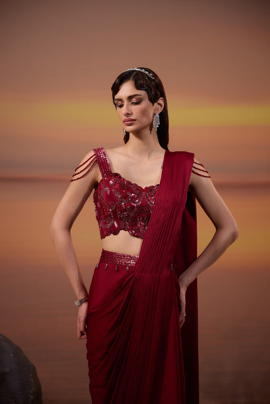 Dark Maroon Embellished Chiffon Satin Cut Work Drape Saree Set