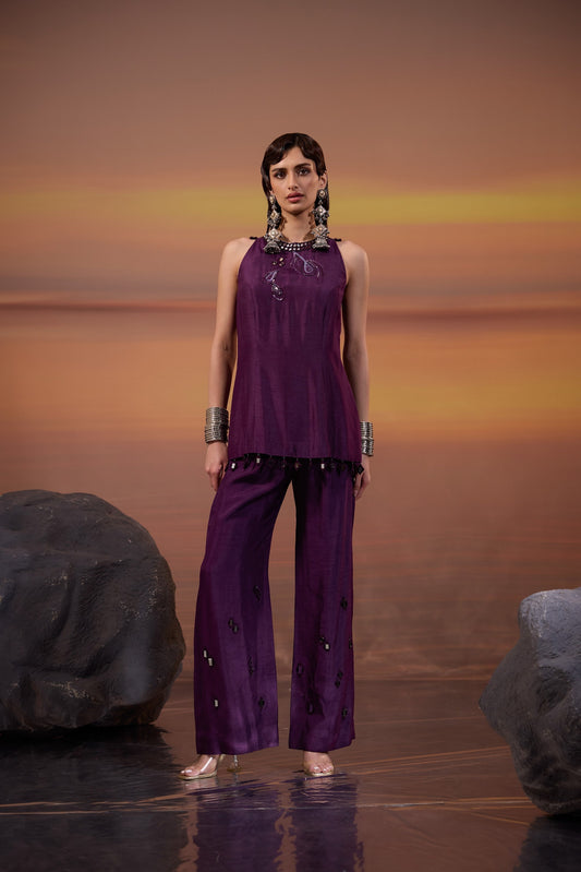 Dark Purple Embellished Dola Silk Festive Co-Ord Set