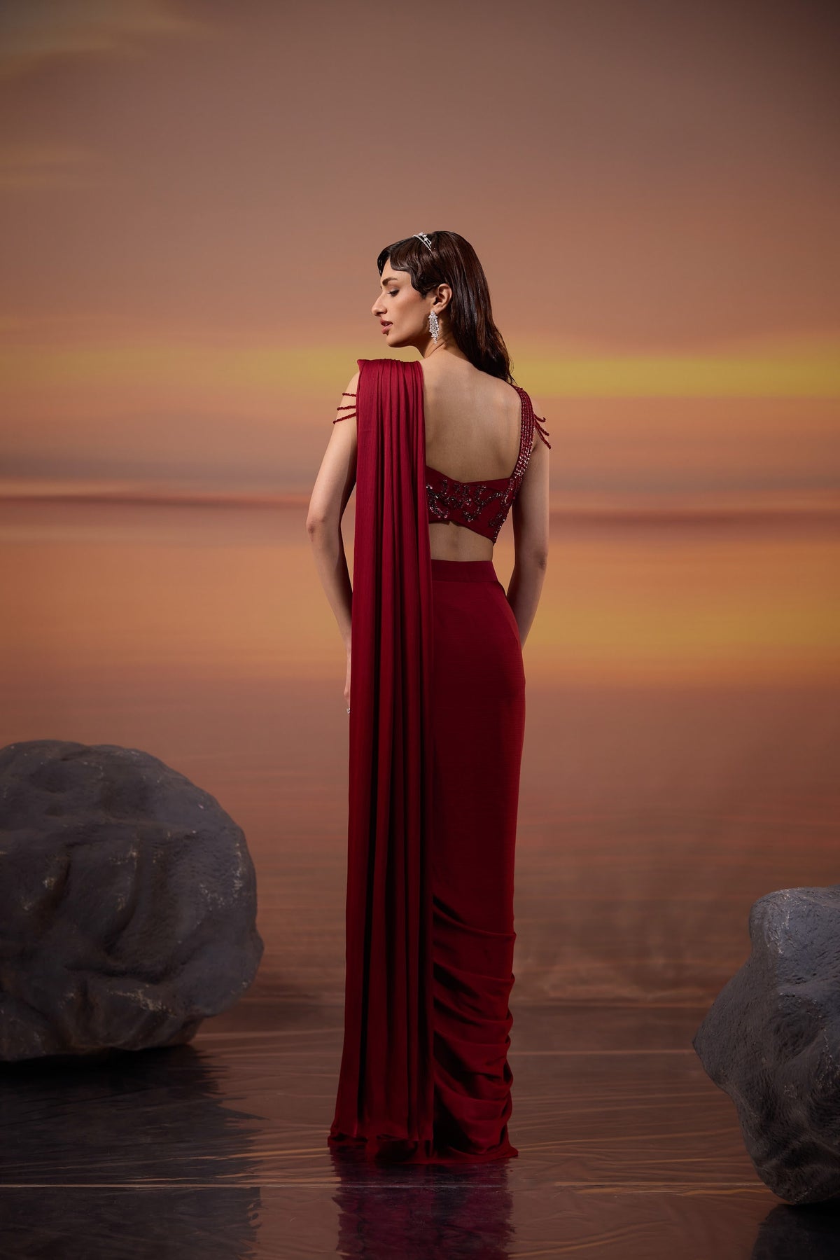 Dark Maroon Embellished Chiffon Satin Cut Work Drape Saree Set