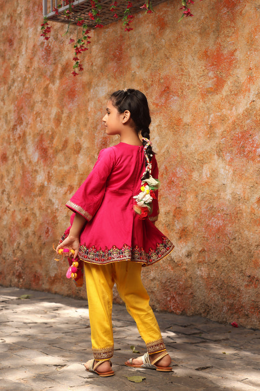 Pink Kurti with Yellow Salwar
