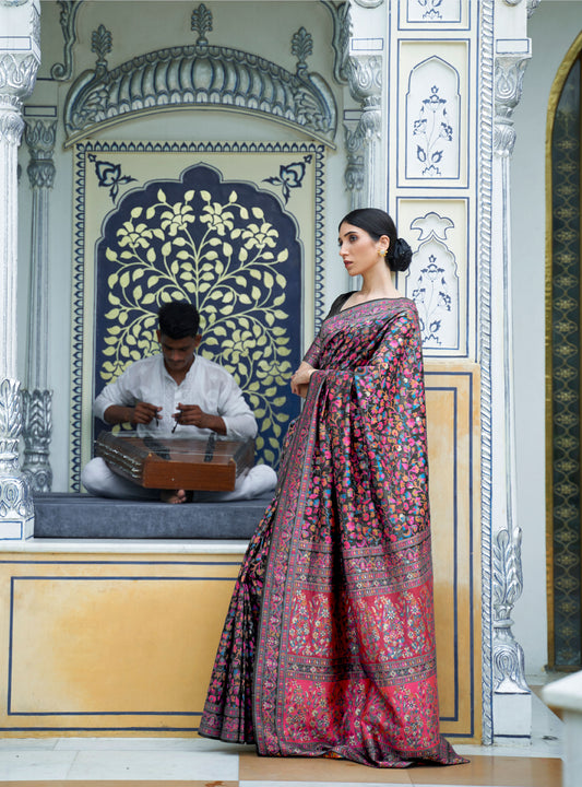 Black Floral Kashifa Silk Kashmir Modal Handloom Saree