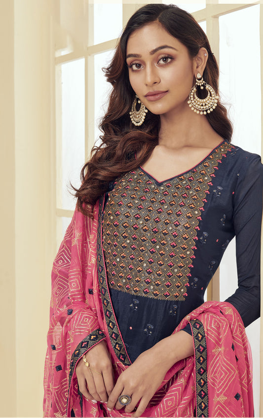 Blue Spring Embroidery Georgette Festive Kurta Set