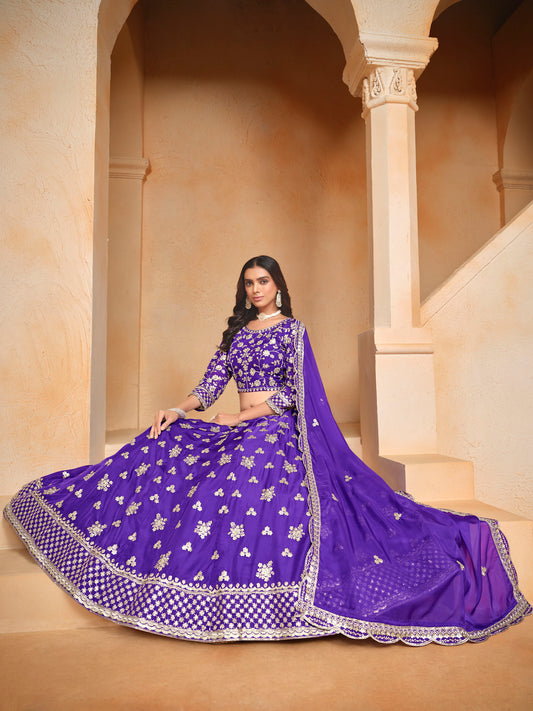 Purple Sequins & Zari Embroidered Organza Sangeet Lehenga