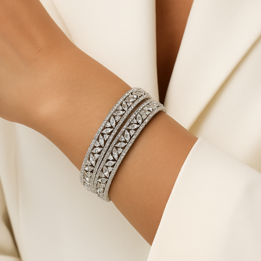 Zevar Club Set of 2 Rhodium-Plated Handcrafted AAA Cubic Zirconia Vine Motif Studded Premium Screw Adjustable Bangles