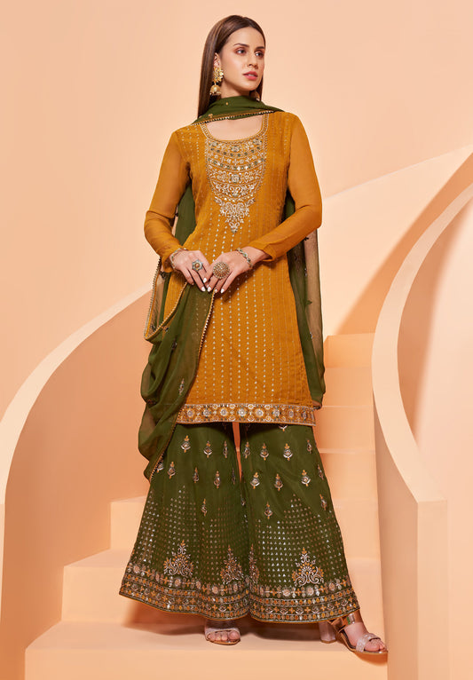 Yellow Thread Embroidery Georgette Sharara for Haldi