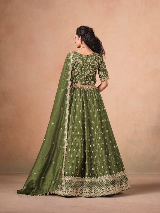 Dark Green Thread & Sequins Embroidered Soft Organza Mehendi Lehenga