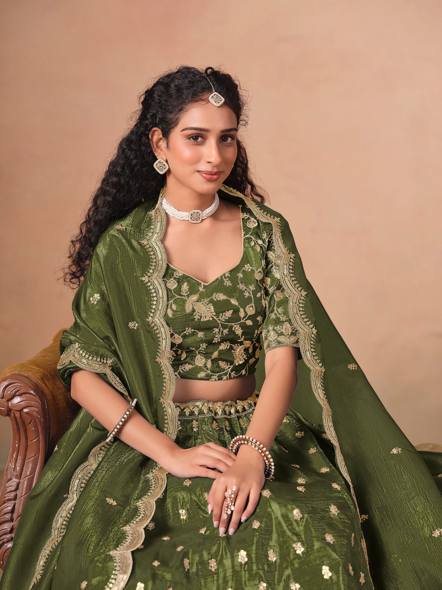 Dark Green Thread & Sequins Embroidered Soft Organza Mehendi Lehenga