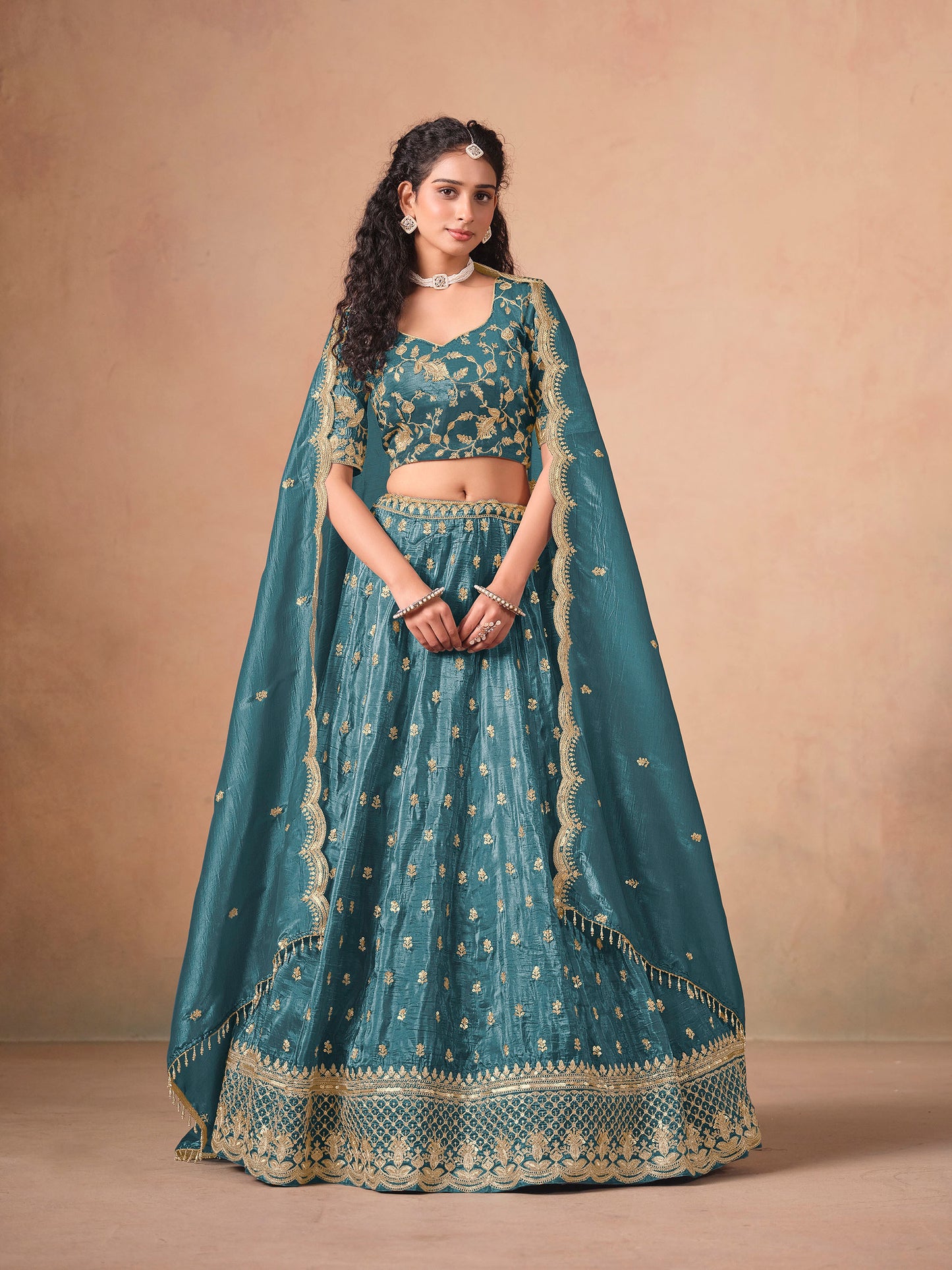 Blue Thread & Sequins Embroidered Soft Organza Reception Lehenga