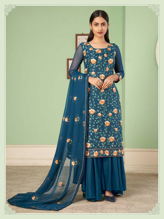 Blue Thread Embroidered Straight Cut Sangeet Sharara