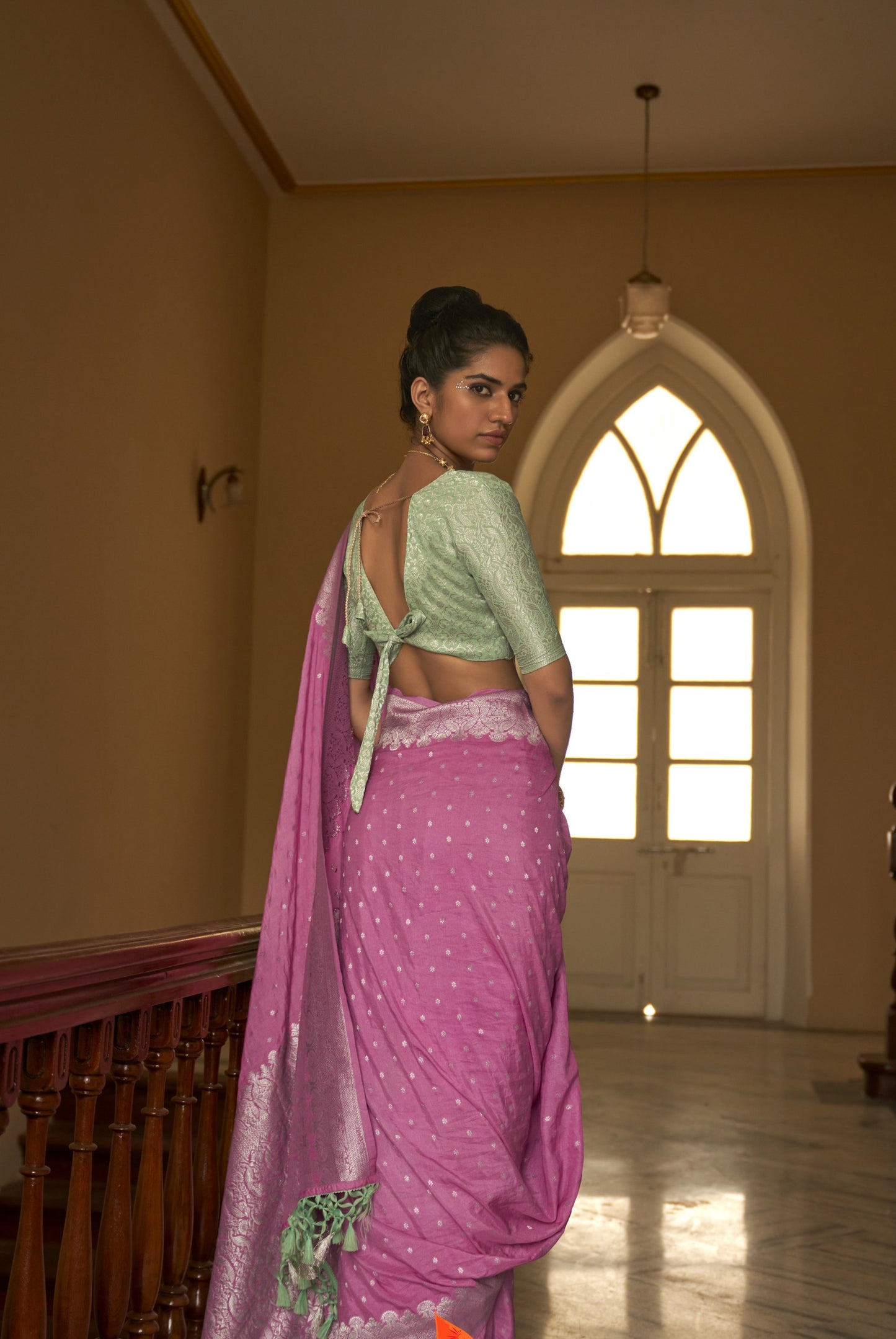 Pink Nylon crepe Fabric Weaving Tirth Festive Saree