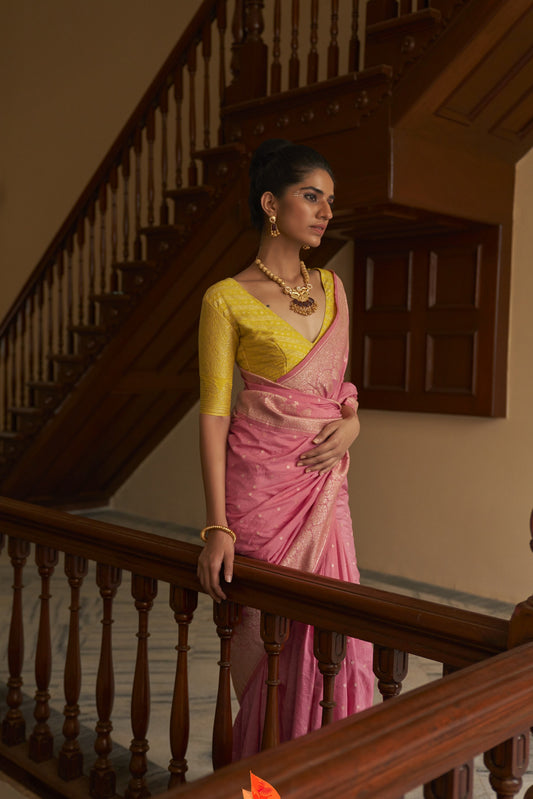 Light Pink Nylon crepe Fabric Weaving Tirth Festive Saree