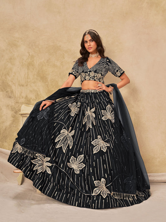 Black Heavy Sequins Embroidered Soft Art Silk Party Wear Lehenga