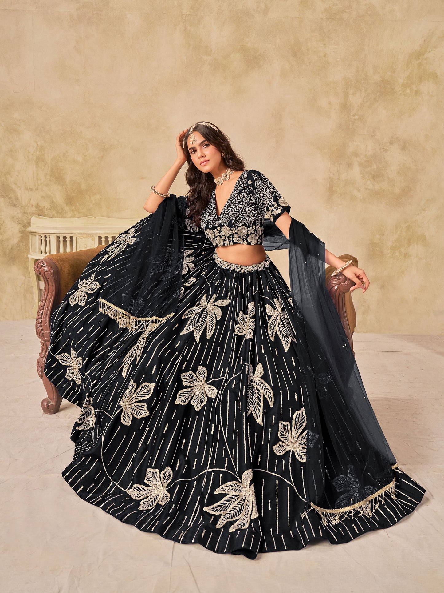 Black Heavy Sequins Embroidered Soft Art Silk Party Wear Lehenga