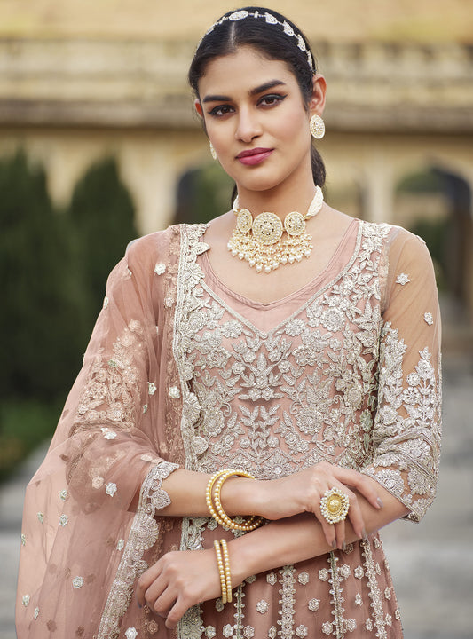 Pink Dori and Sequins Embroidery Butterfly Net Anarkali