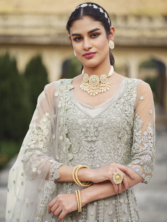 Grey Dori and Sequins Embroidery Butterfly Net Anarkali