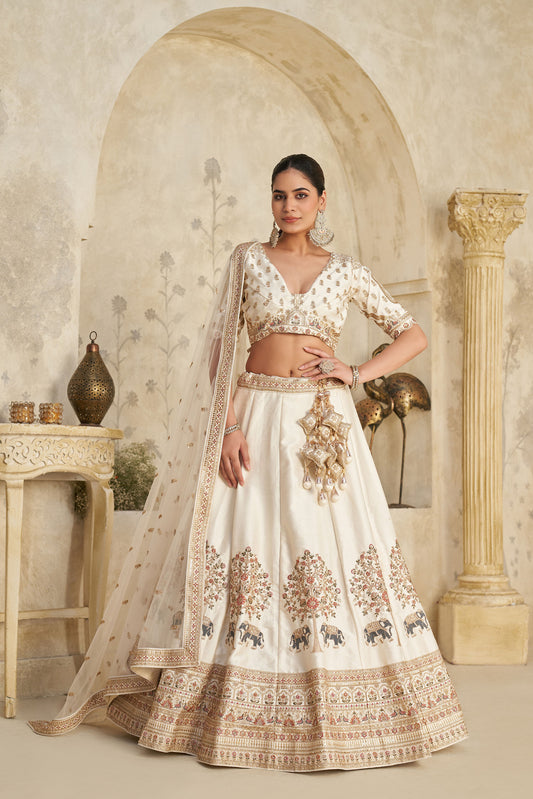 Cream Silk with Intricate Elephant Zari Work Bridesmaid Lehenga