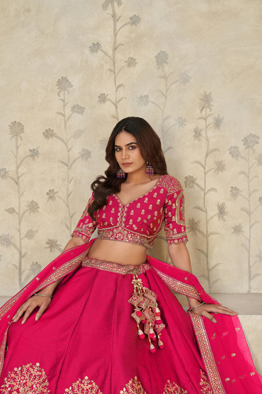 Rani Pink Silk with Elephant Motifs & Zari Embroidered Bridal Lehenga