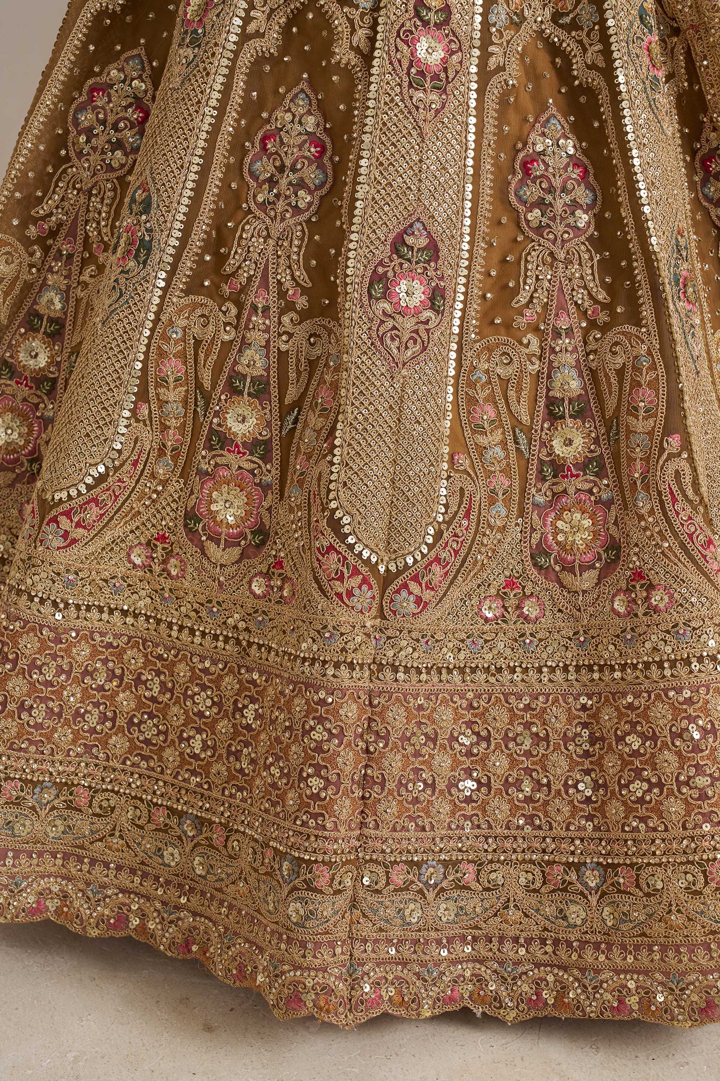 Royal Antique Gold Sequins & Resham Embroidery Net Bridal Lehenga Choli