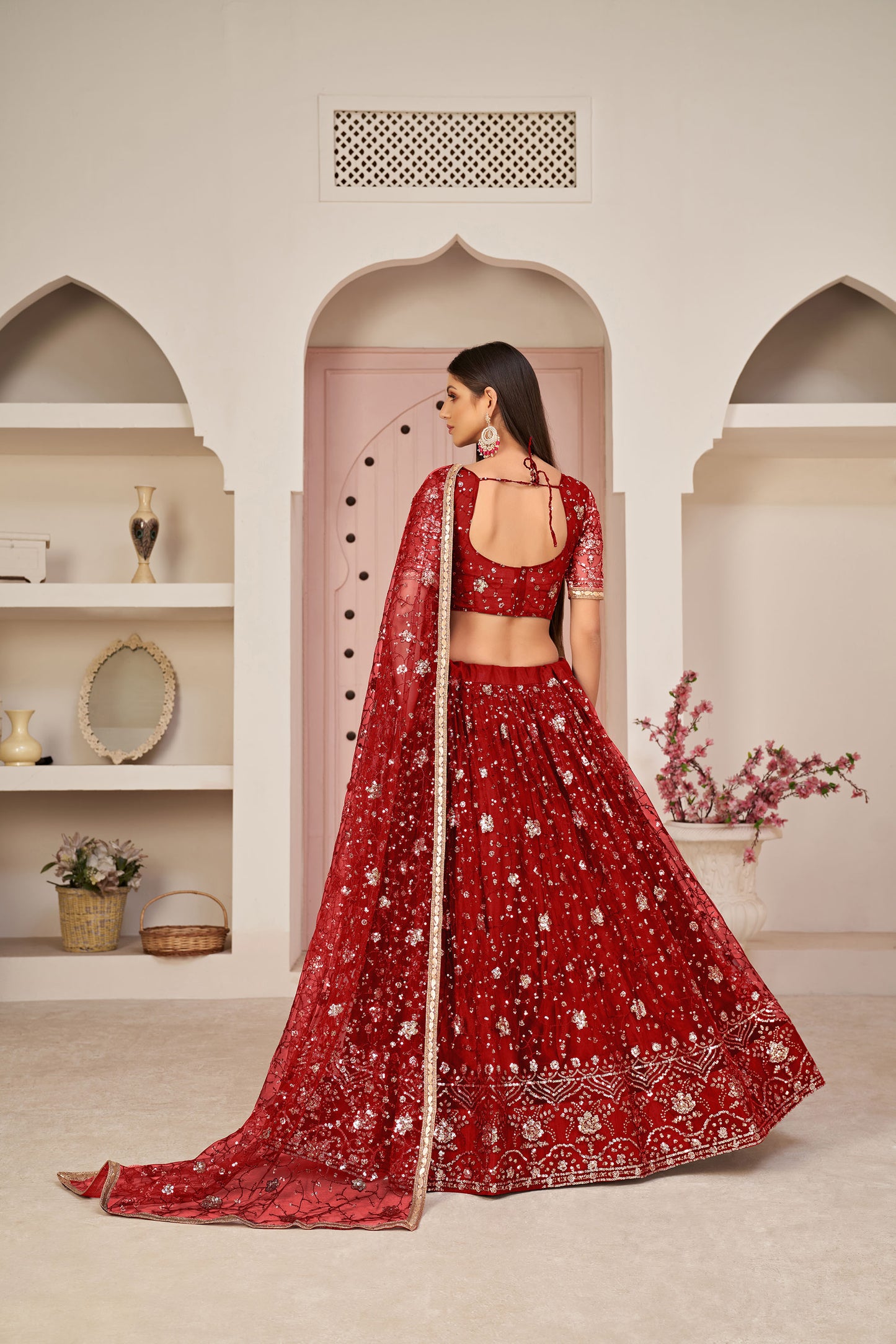 Dark Red Sequins Embroidered Net Wedding Lehenga