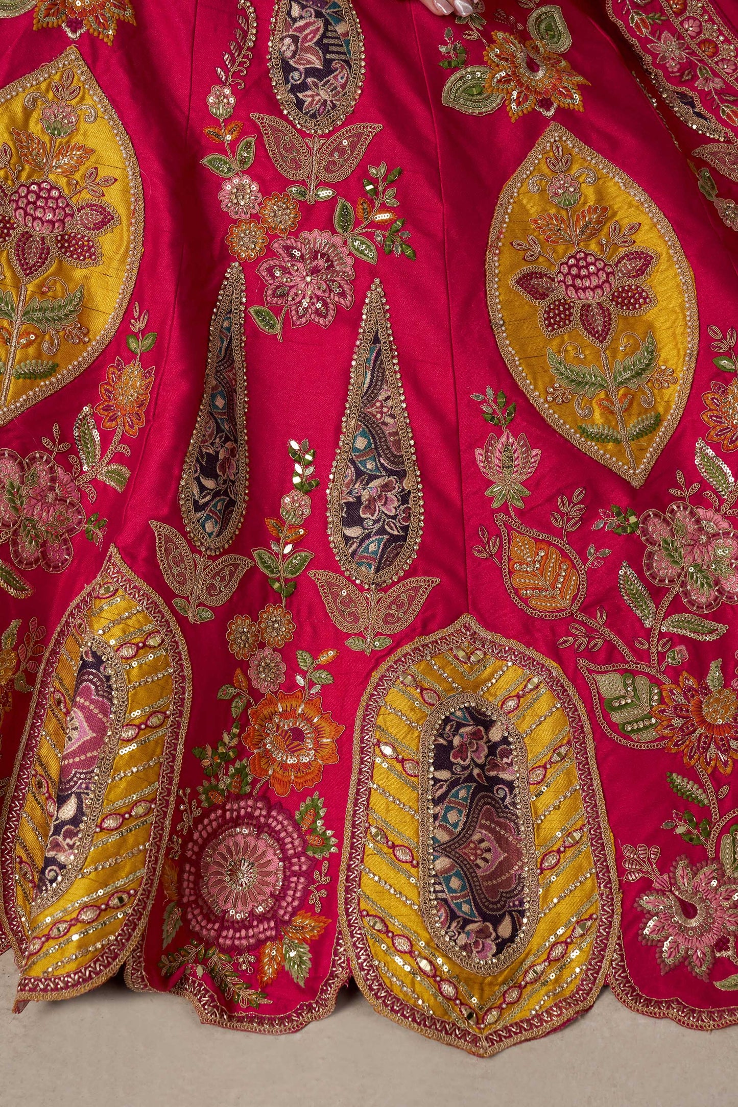 Rani Pink Jacquard Patch Work & Zari Embroidered Silk Bridal Lehenga