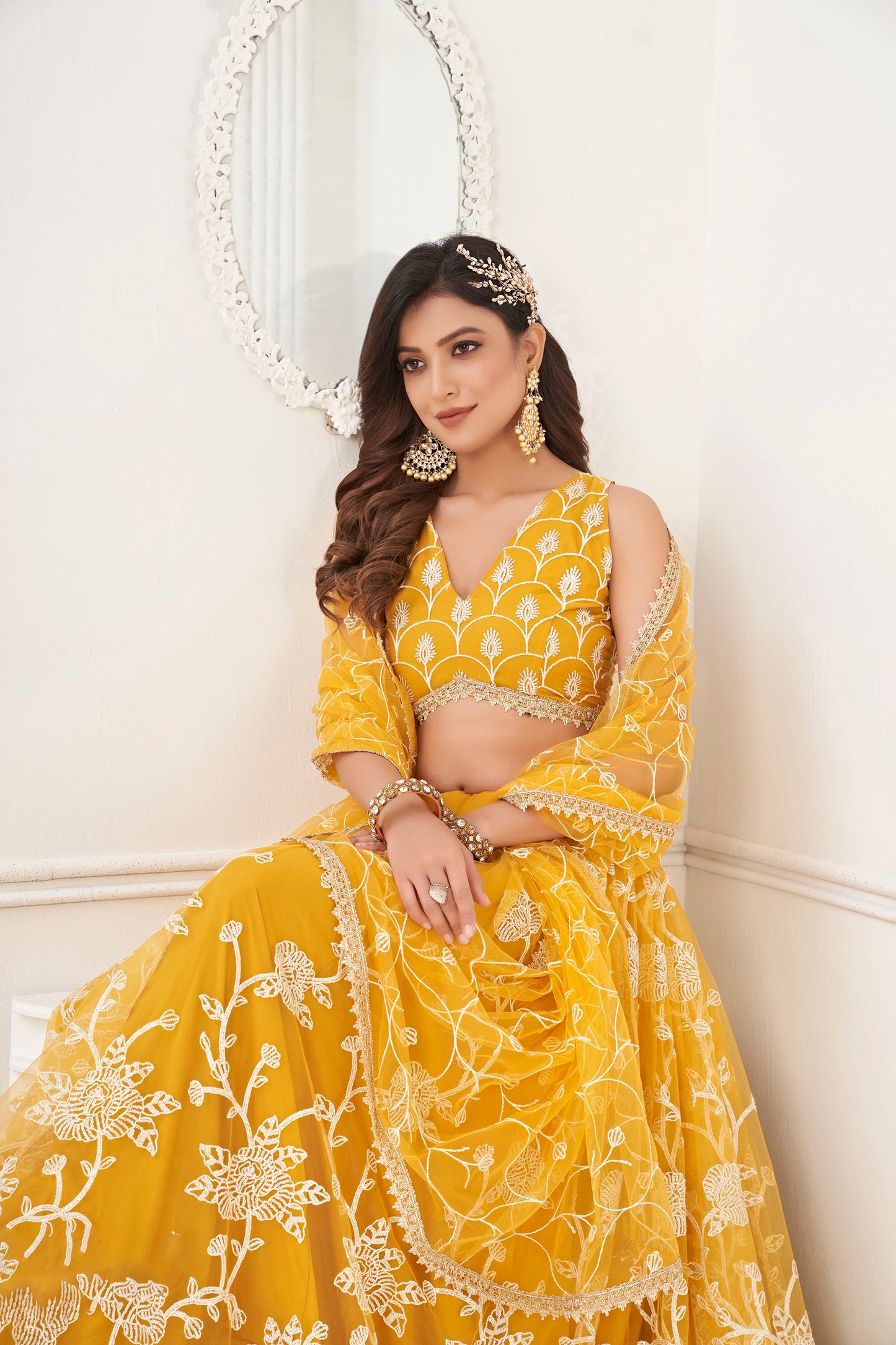 Yellow Sequins Embroidered Net Haldi Lehenga for Bride