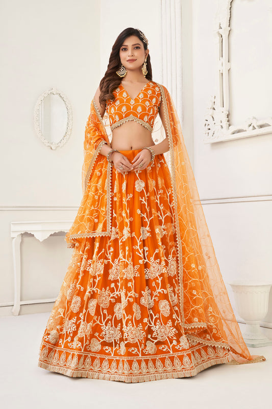 Orange Sequins Embroidered Net Engagement Lehenga for Bride