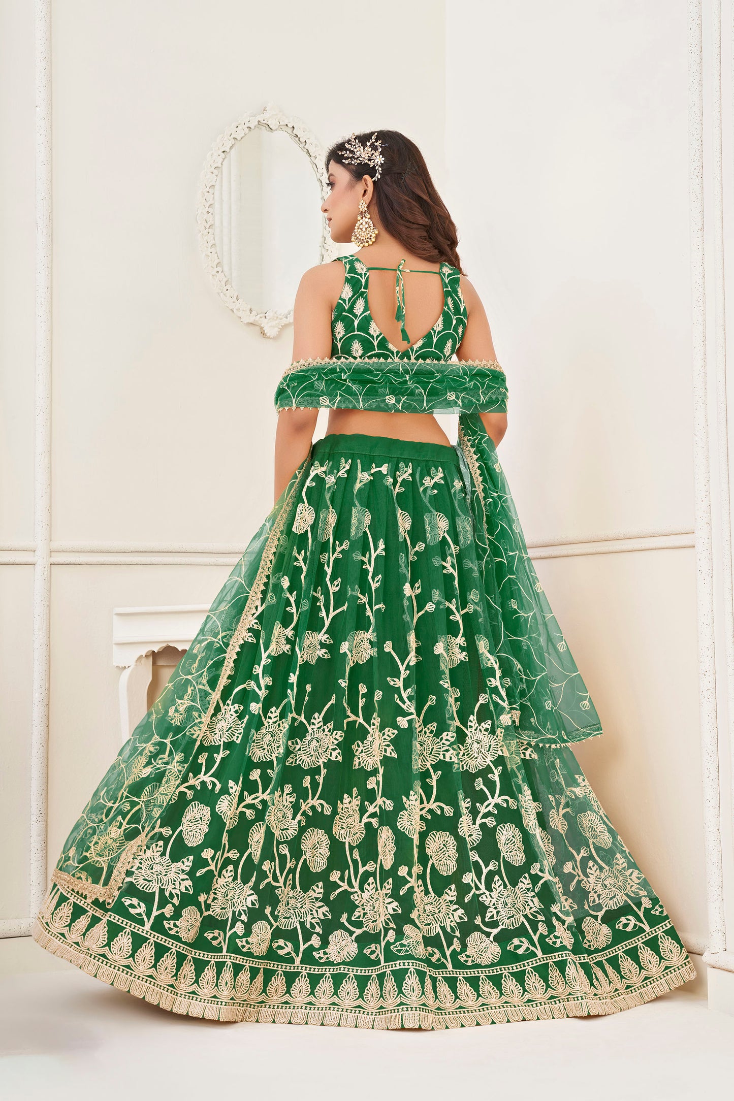 Green Sequins Embroidered Net Mehendi Lehenga for Bride